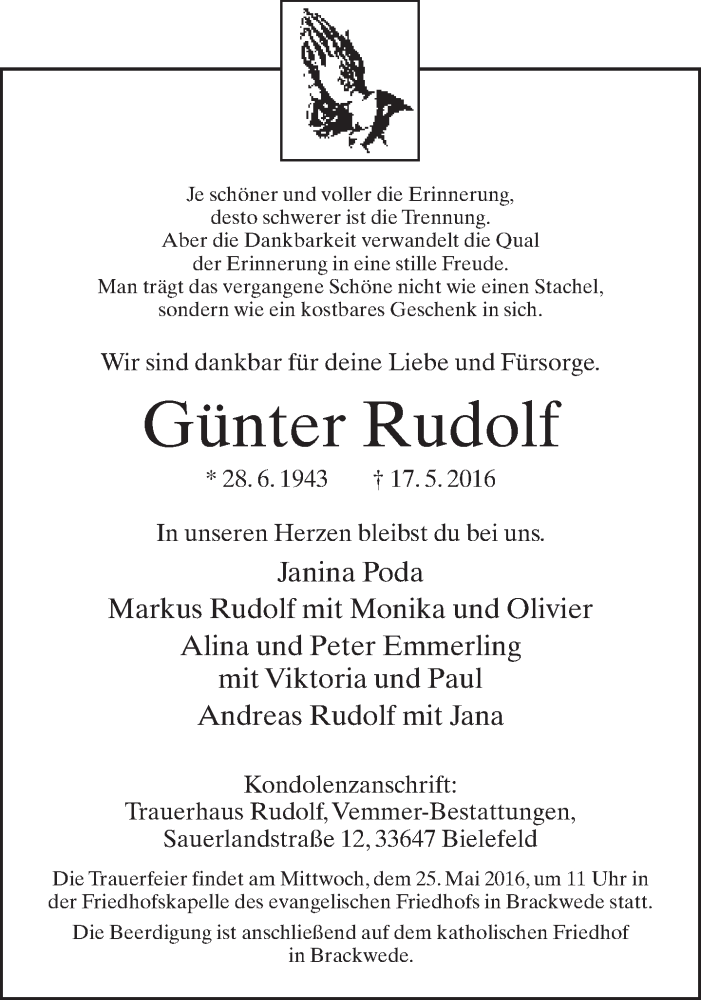  Traueranzeige für Günter Rudolf vom 21.05.2016 aus Neue Westfälische