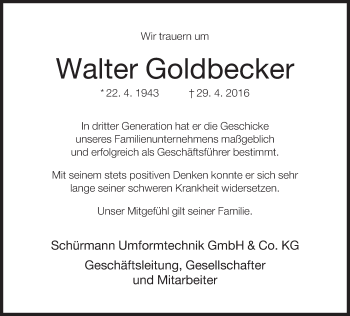 Traueranzeige von Walter Goldbecker von Neue Westfälische