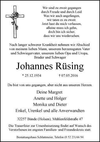 Traueranzeige von Johannes Rüsing von Neue Westfälische