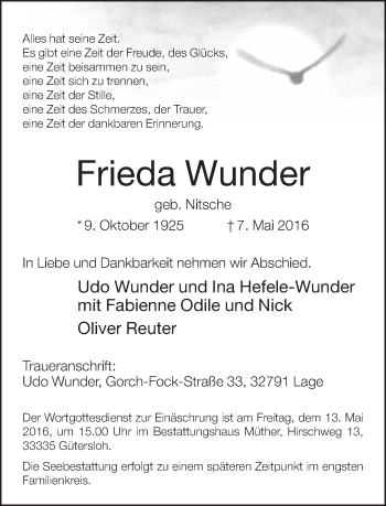 Traueranzeige von Frieda Wunder von Neue Westfälische