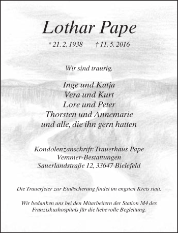 Traueranzeige von Lothar Pape von Neue Westfälische