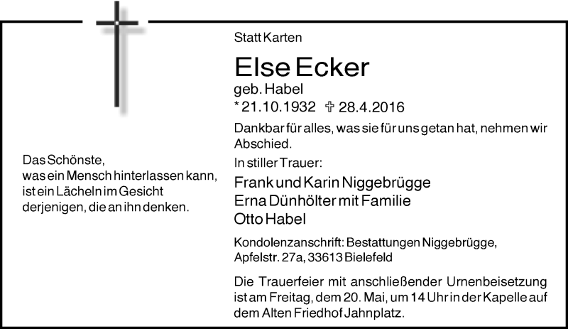  Traueranzeige für Else Ecker vom 14.05.2016 aus Neue Westfälische