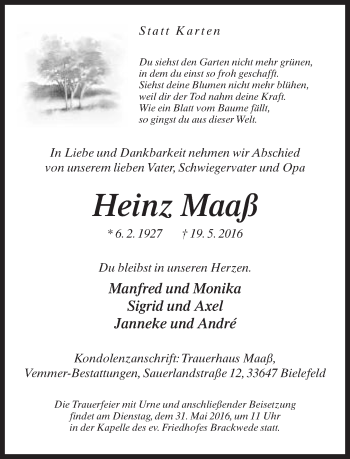 Traueranzeige von Heinz Maaß von Neue Westfälische