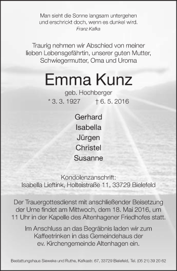 Traueranzeige von Emma Kunz