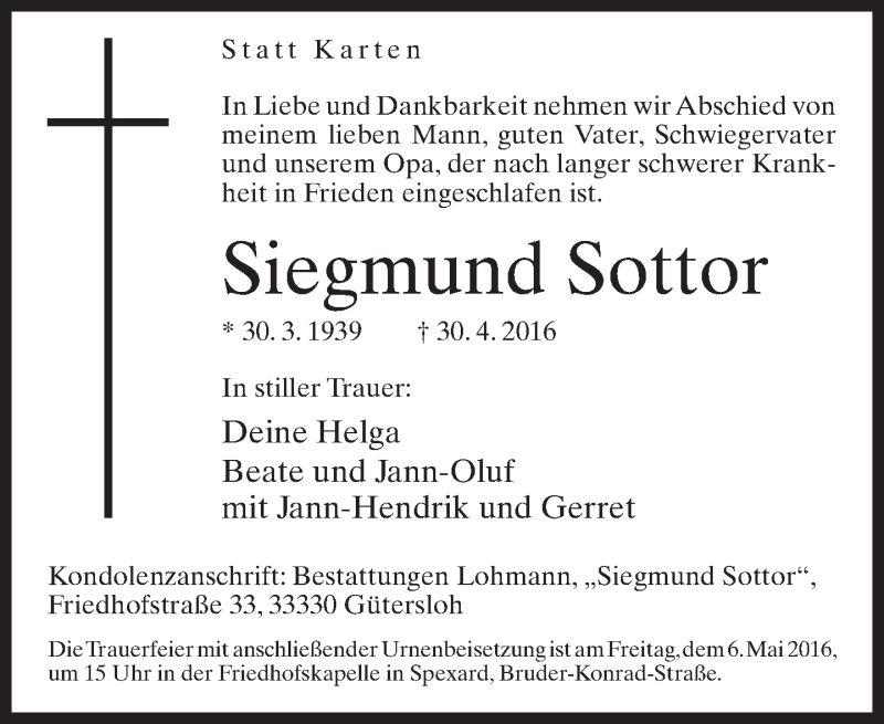  Traueranzeige für Siegmund Sottor vom 04.05.2016 aus Neue Westfälische