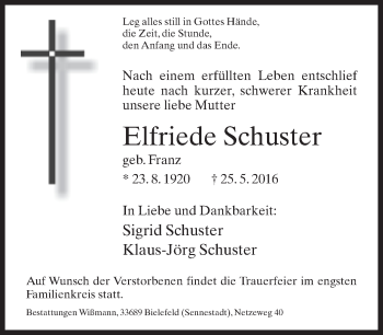 Traueranzeige von Elfriede Schuster von Neue Westfälische
