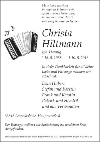 Traueranzeige von Christa Hiltmann