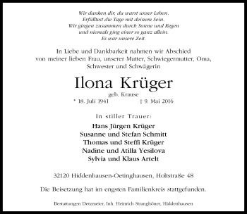 Traueranzeige von Ilona Krüger von Neue Westfälische