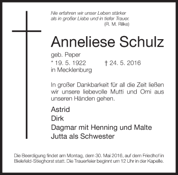 Traueranzeige von Anneliese Schulz von Neue Westfälische