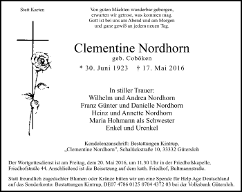Traueranzeige von Clementine Nordhorn von Neue Westfälische