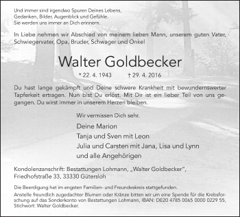 Traueranzeige von Walter Goldbecker von Neue Westfälische