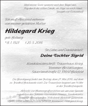 Traueranzeige von Hildegard Krieg von Neue Westfälische