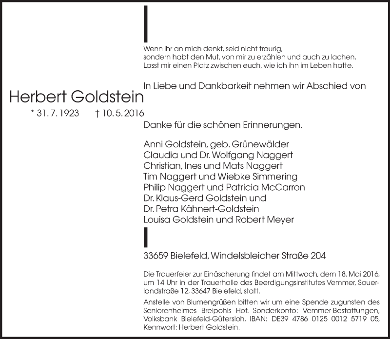  Traueranzeige für Herbert Goldstein vom 14.05.2016 aus Neue Westfälische