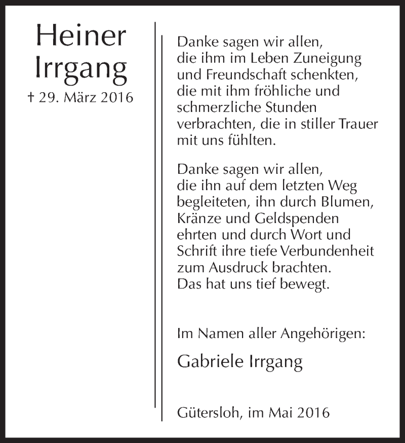  Traueranzeige für Heiner Irrgang vom 25.05.2016 aus Neue Westfälische