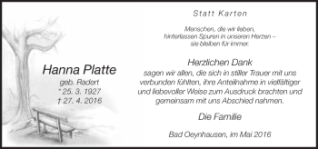 Traueranzeige von Hanna Platte