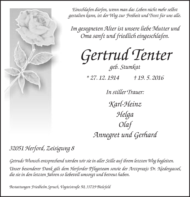  Traueranzeige für Gertrud Tenter vom 26.05.2016 aus Neue Westfälische