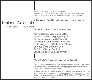 Traueranzeige von Herbert Goldstein von Neue Westfälische