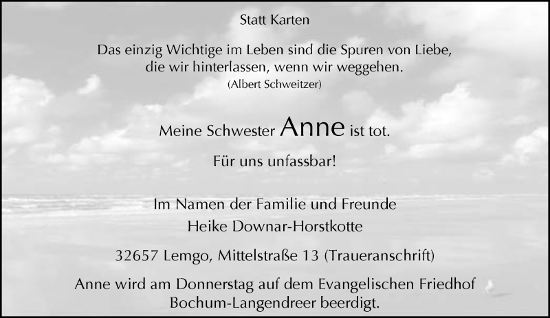  Traueranzeige für Anne  vom 10.05.2016 aus Neue Westfälische