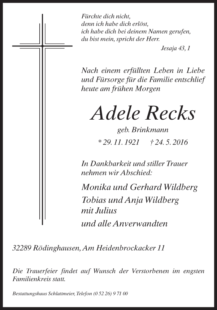  Traueranzeige für Adele Recks vom 28.05.2016 aus Neue Westfälische