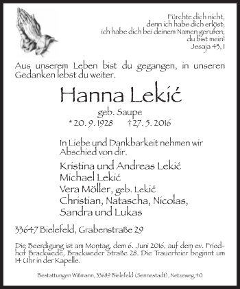 Traueranzeige von Hanna Lekic von Neue Westfälische