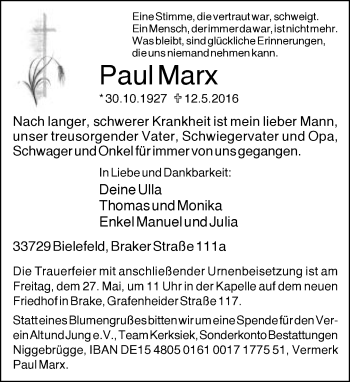 Traueranzeige von Paul Marx von Neue Westfälische