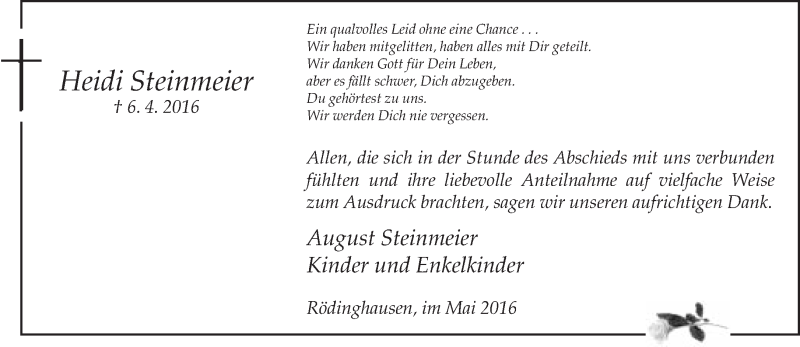  Traueranzeige für Heidi Steinmeier vom 07.05.2016 aus Neue Westfälische