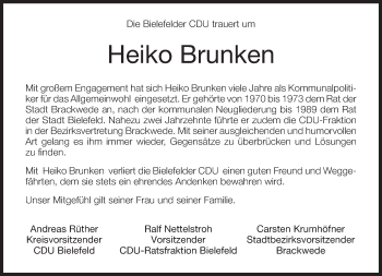 Traueranzeige von Heiko Brunken von Neue Westfälische