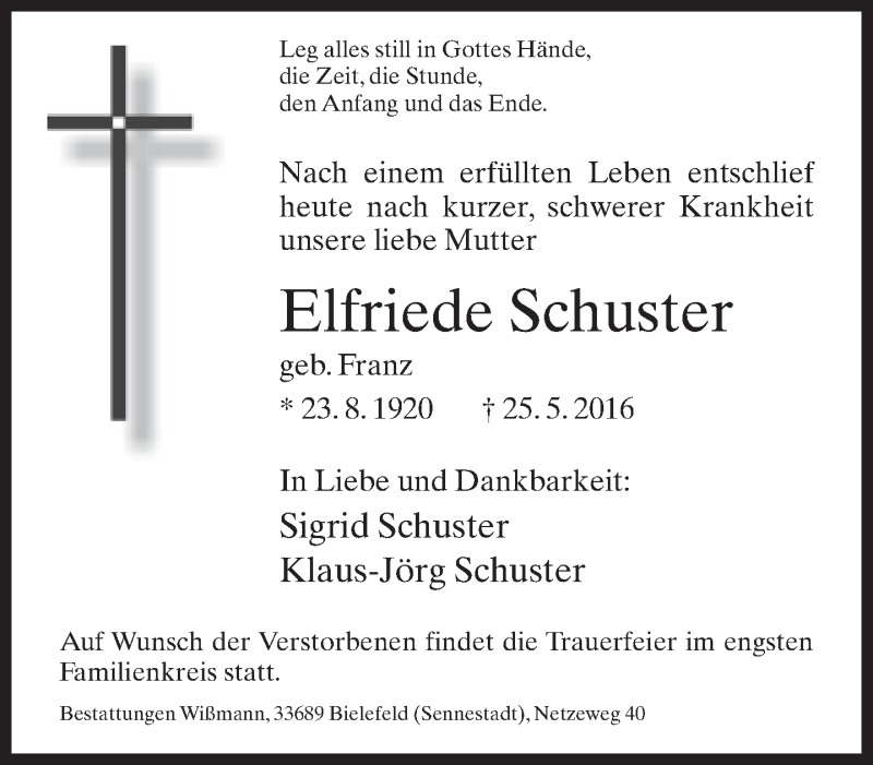  Traueranzeige für Elfriede Schuster vom 28.05.2016 aus Neue Westfälische