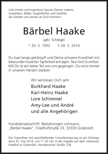 Traueranzeige von Bärbel Haake von Neue Westfälische