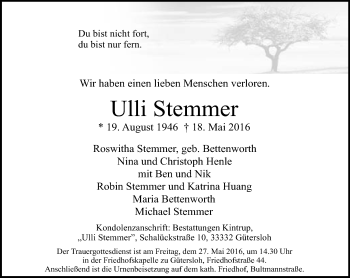 Traueranzeige von Ulli Stemmer von Neue Westfälische