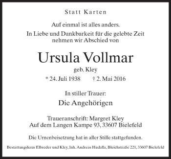 Traueranzeige von Ursula Vollmar von Neue Westfälische