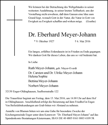 Traueranzeige von Eberhard Meyer-Johann von Neue Westfälische