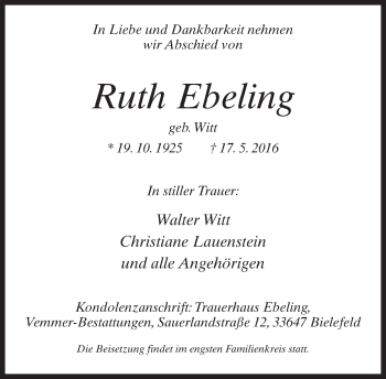 Traueranzeige von Ruth Ebeling von Neue Westfälische