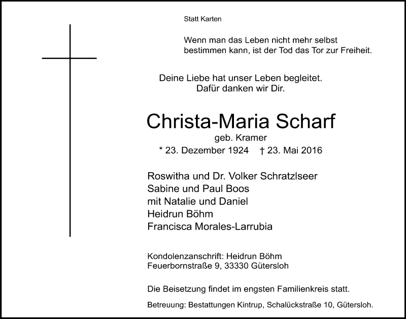  Traueranzeige für Christa-Maria Scharf vom 28.05.2016 aus Neue Westfälische