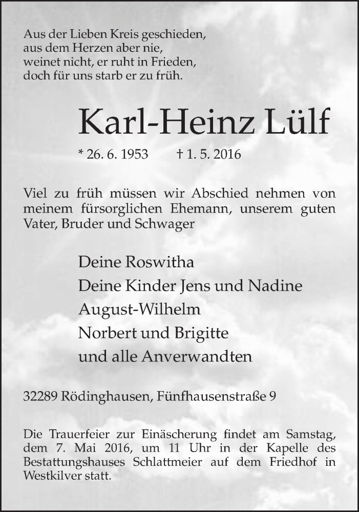  Traueranzeige für Karl-Heinz Lülf vom 04.05.2016 aus Neue Westfälische