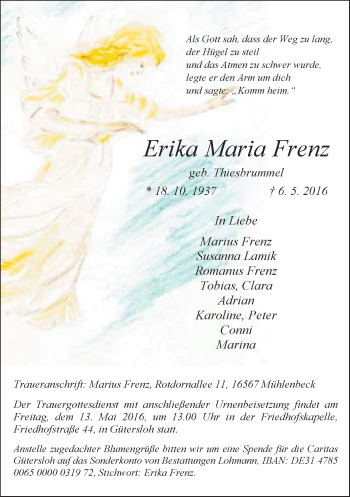 Traueranzeige von Erika Maria Frenz von Neue Westfälische