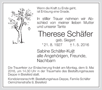 Traueranzeige von Therese Schäfer von Neue Westfälische