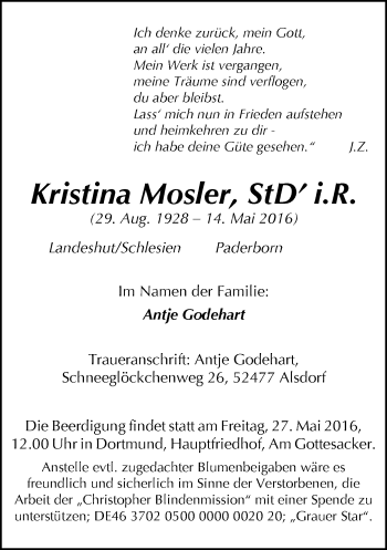 Traueranzeige von Kristina Mosler von Neue Westfälische