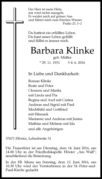 Traueranzeige von Barbara Klinke von Neue Westfälische
