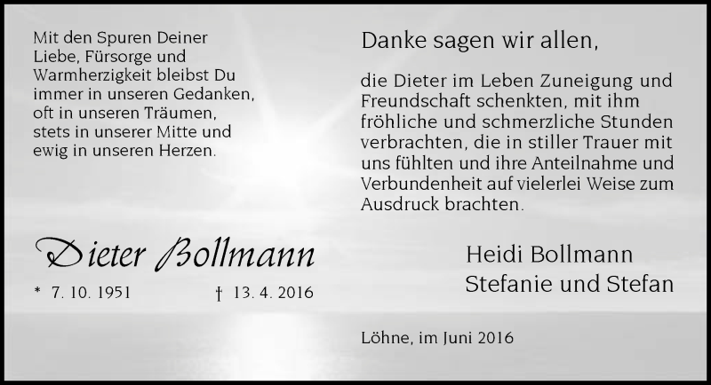  Traueranzeige für Dieter Bollmann vom 04.06.2016 aus Neue Westfälische