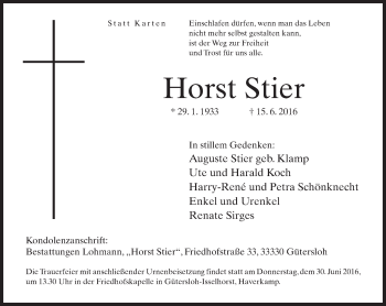 Traueranzeige von Horst Stier von Neue Westfälische