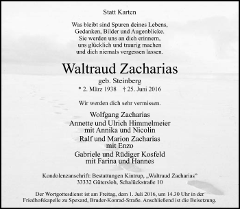 Traueranzeige von Waltraud Zacharias von Neue Westfälische