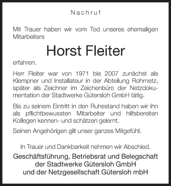 Traueranzeige von Horst Fleiter von Neue Westfälische
