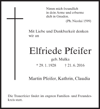 Traueranzeige von Elfriede Pfeifer von Neue Westfälische