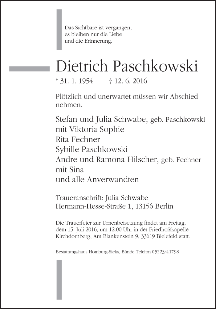  Traueranzeige für Dietrich Paschkowski vom 18.06.2016 aus Neue Westfälische