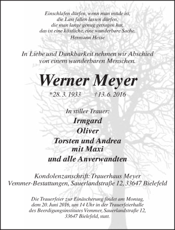 Traueranzeige von Werner Meyer von Neue Westfälische