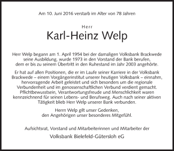 Traueranzeige von Karl-Heinz Welp von Neue Westfälische