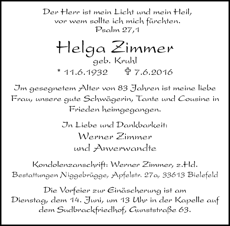  Traueranzeige für Helga Zimmer vom 09.06.2016 aus Neue Westfälische