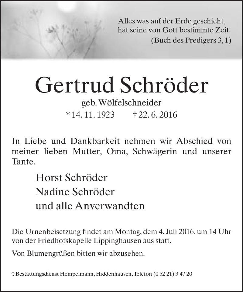  Traueranzeige für Gertrud Schröder vom 24.06.2016 aus Neue Westfälische
