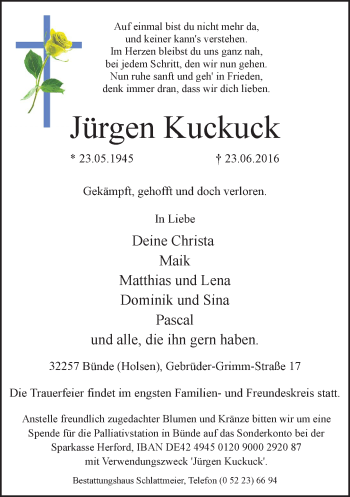 Traueranzeige von Jürgen Kuckuck von Neue Westfälische